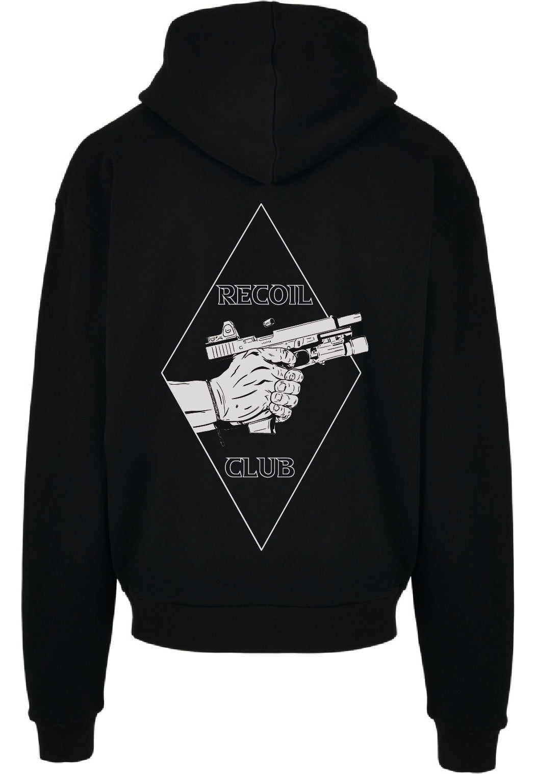 Mockups der Rückseite des Oversize Hoodies von Fast & Dirty Gear - Recoil Club Premium Aufdruck