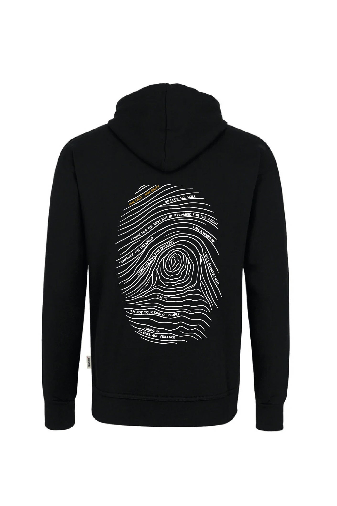 Mockup der Rückseite des Fast & Dirty Gear light Hoodie mit Fingerprint Design